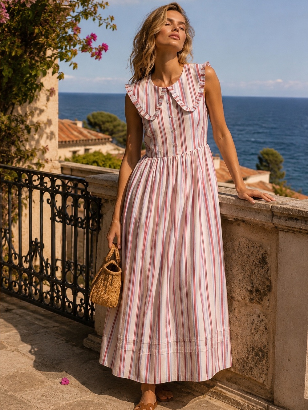 Caroline Constas Striped Sailor Collar Cotton Maxi Dress NWT